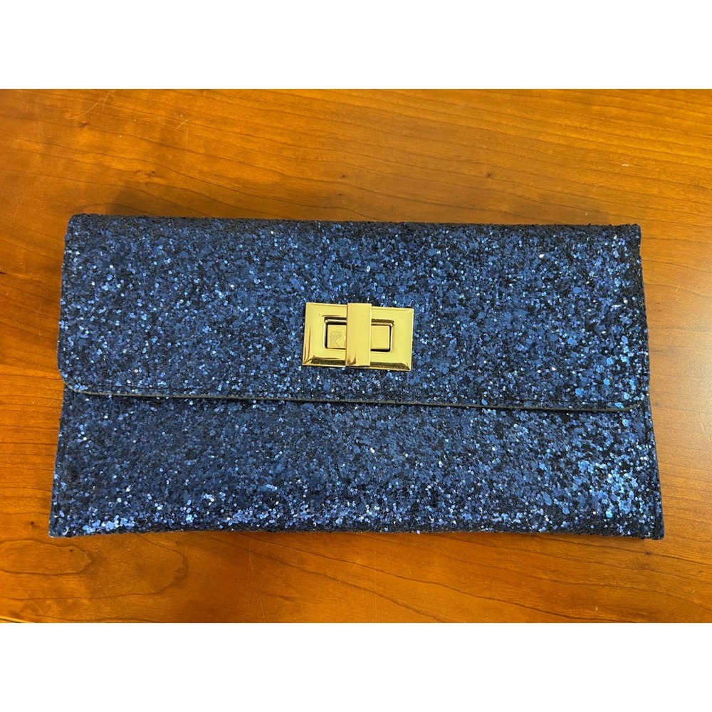 Navy Blue Glitter Envelope Clutch Bag Gold Turn Lock Evening Wedding Formal Bag
